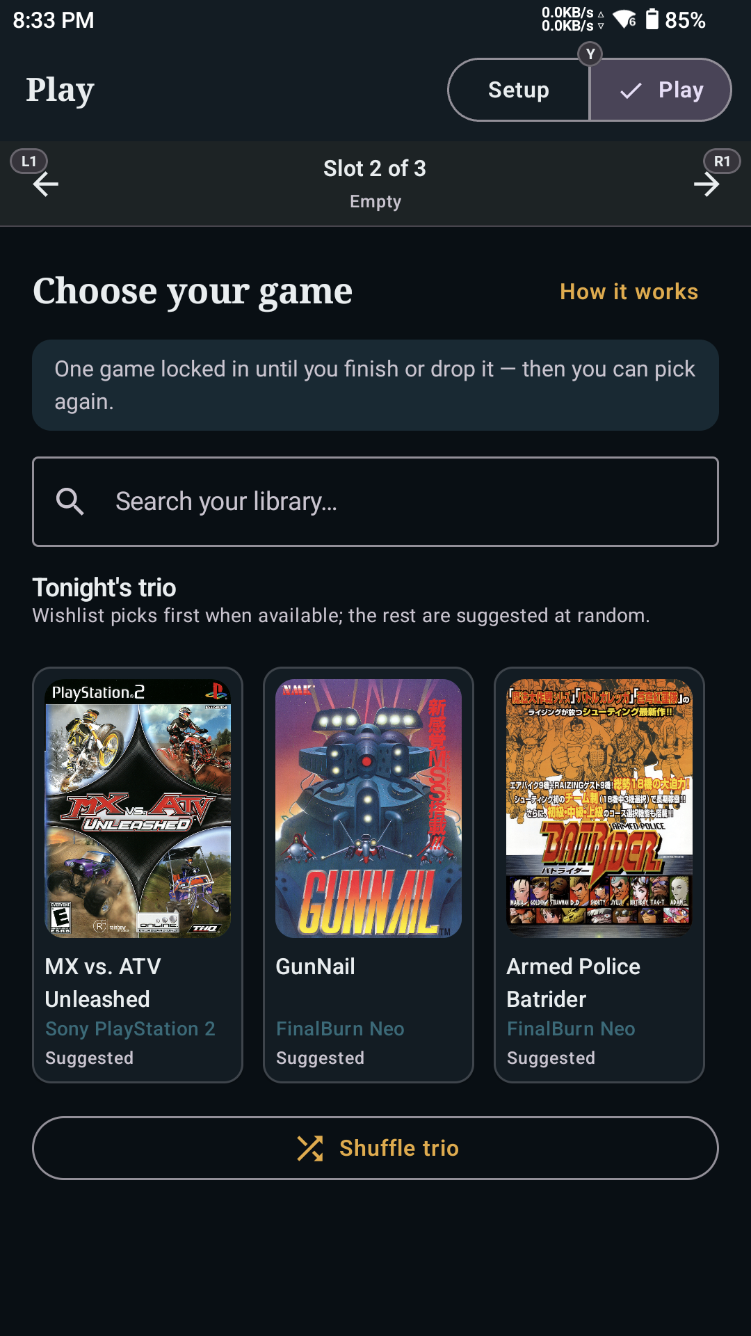 ORGL Play mode — choose your game and Tonight's Trio