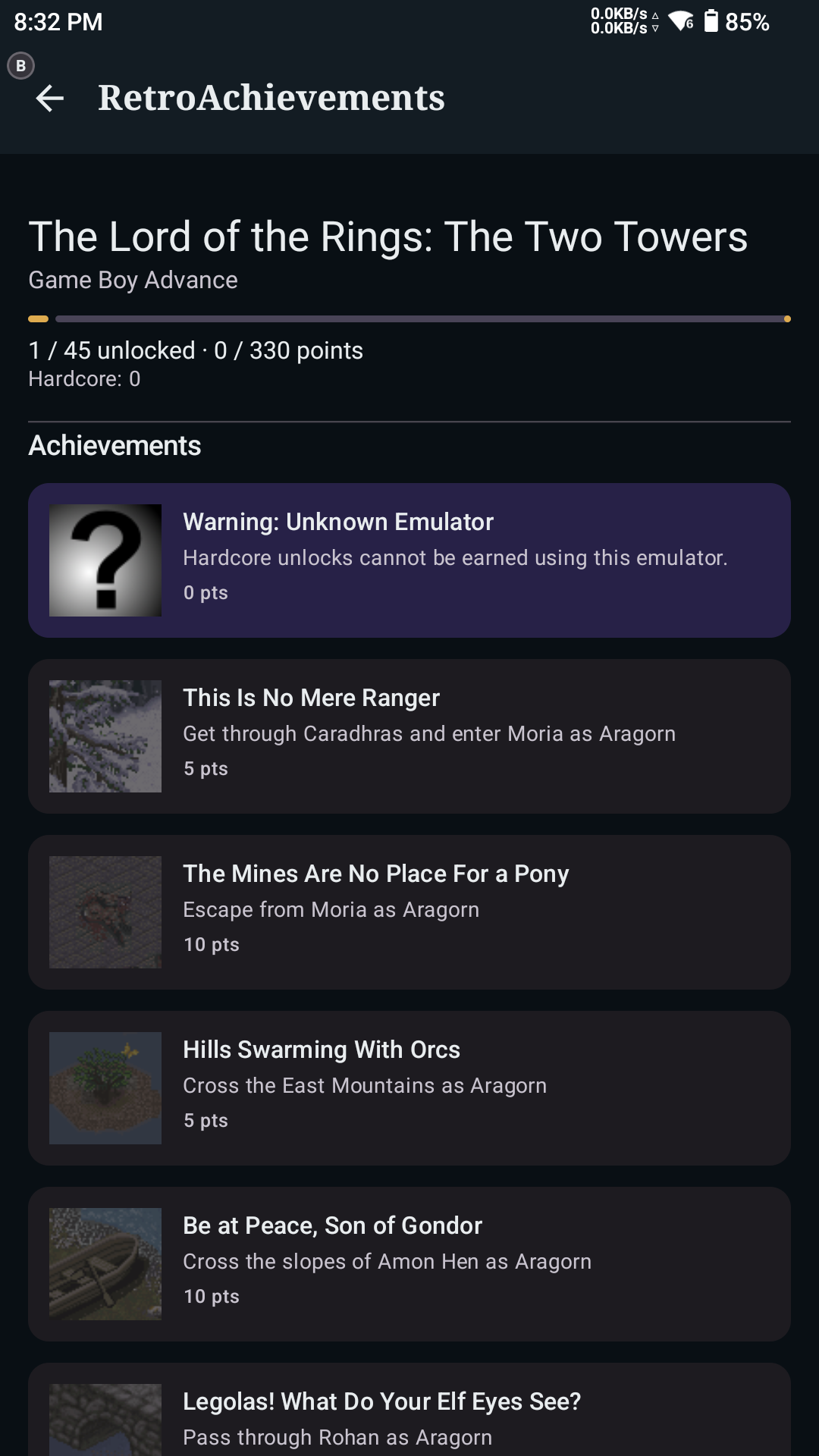 ORGL RetroAchievements progress screen